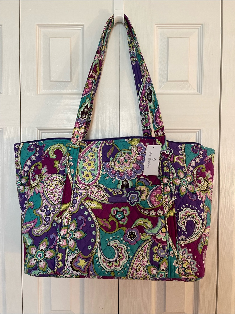 Vera Bradley Quilted Heather Paisley Tote in Purple & Teal with accessories.
